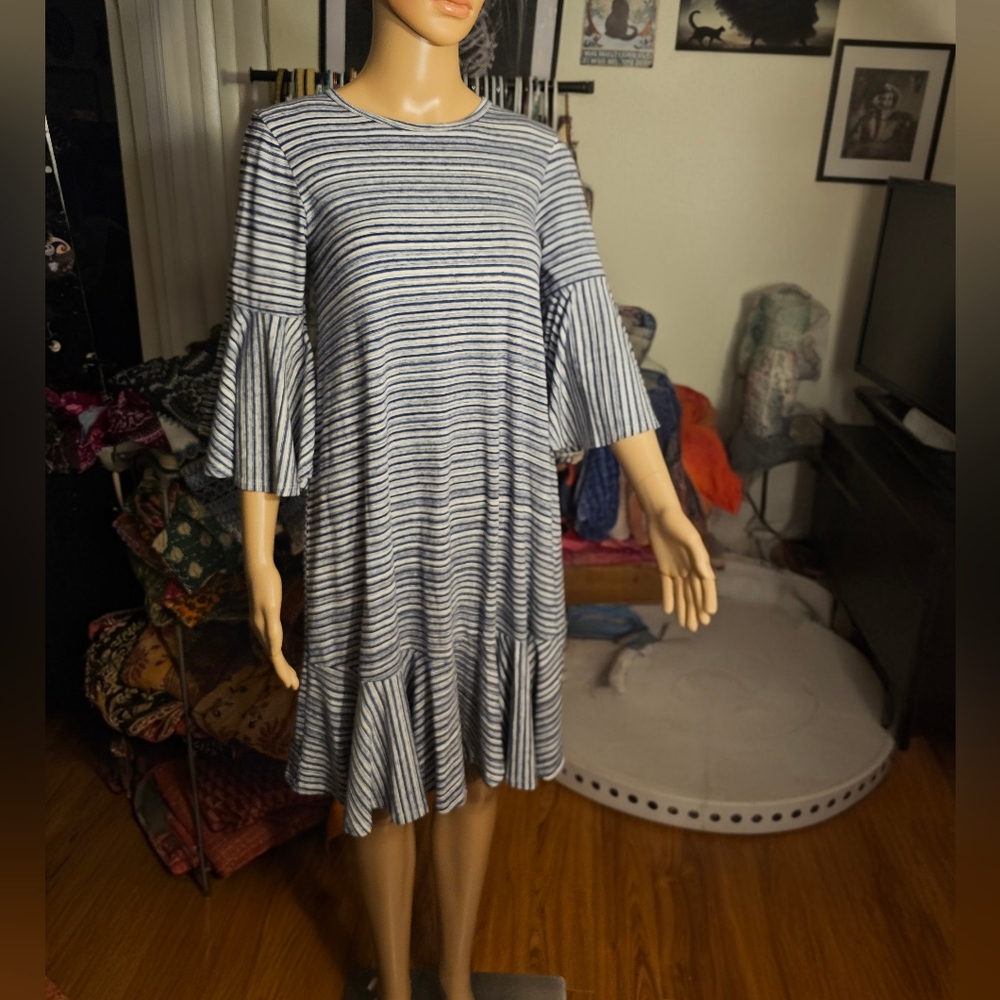 LuLaRoe Striped Ruffle Hem Midi Dress in Navy and White